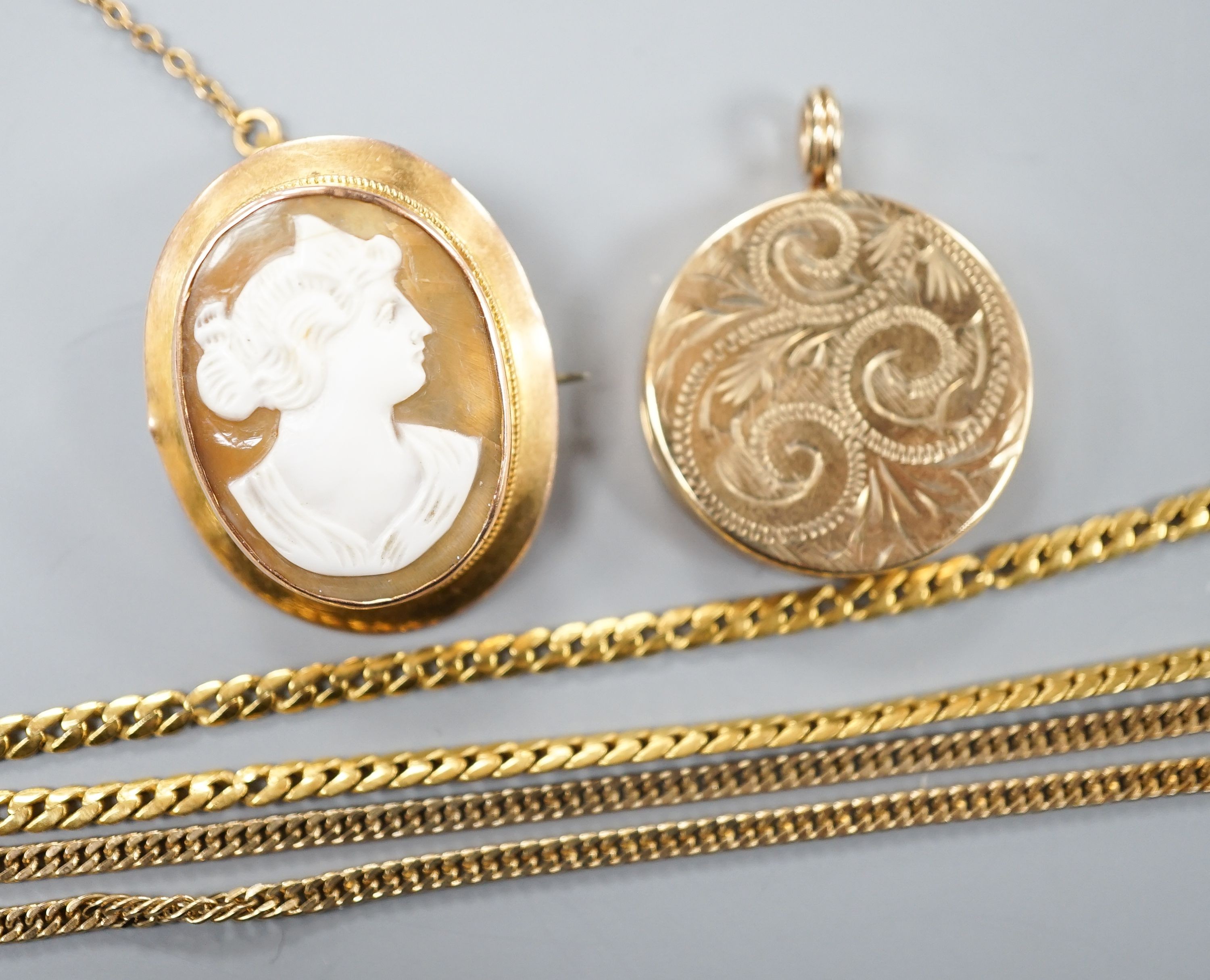 A 9ct gold 'serpent' necklet, 36cm, a 9ct mounted oval cameo shell brooch, a modern 9ct gold locket on a 9ct gold chain, gross 22.1 grams.